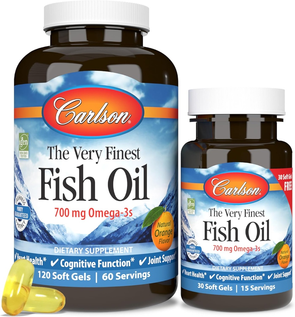 Carlson - The Very Finest Fish Oil, 700 mg Omega- 3s, Norwegian Fish Oil Supplement, Wild Fanget Omega-3 Fish Oil, Sustainable Sourced Fish Oil Capsules, Omega-3 Supplement, Orange, 120 + 30 Softgel