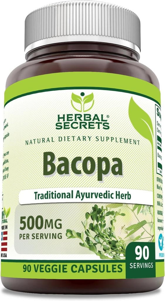 Herbal Secrets Bacopa Powder 500 Mg 90 Veggie kapsler Supplement 124; Non- GMO Note 124; Gluten Free