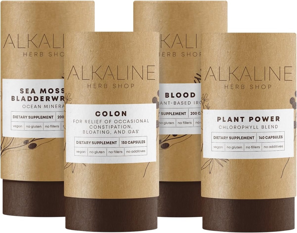 Alkaline Herb Shop Mild Detox Bundle - Sea Moss & Bladerwrack, Plant Power (Chlorophyll), Blood (Jern), og Colon (Happy Colon)