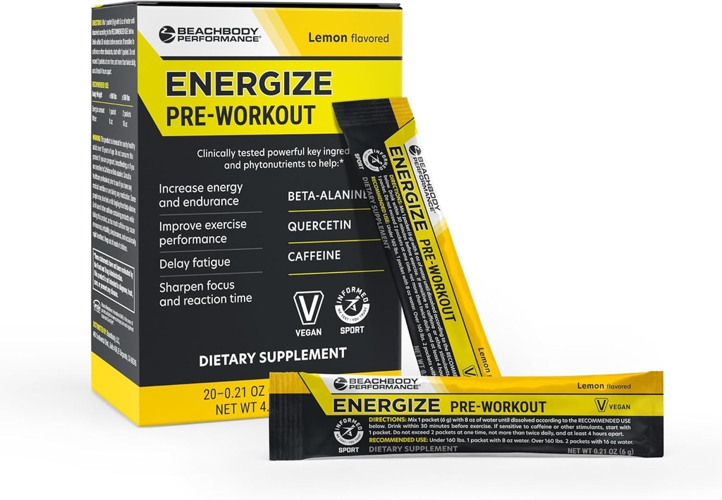 BODi Energize Pre Workout Powder - Beta-Alanine, Quercetin & Low-Dose Caffeine Formula for Enhanced Energy & Focus, Increase Energy & Endurance Supplement, Lemon Flavored, 20 Sticks