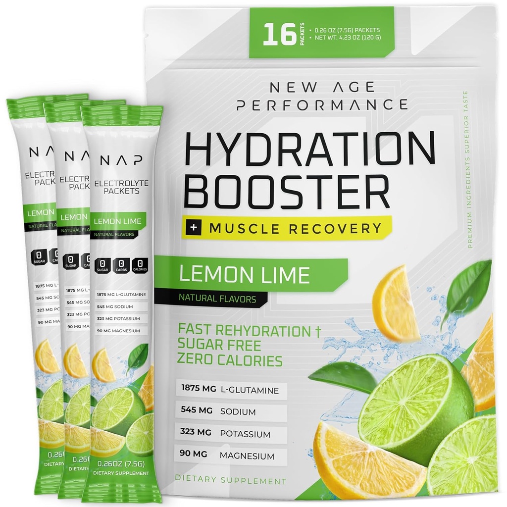 New Age Performance Hydration Packets, Electrolytes Powder, Liquid Enhancer for Dehydration Relief, L-Glutamine Amino Acids for Muscle Workout Recovery, Sugar Free & 0 Calorie, 16 Sticks (Lemon Lime)