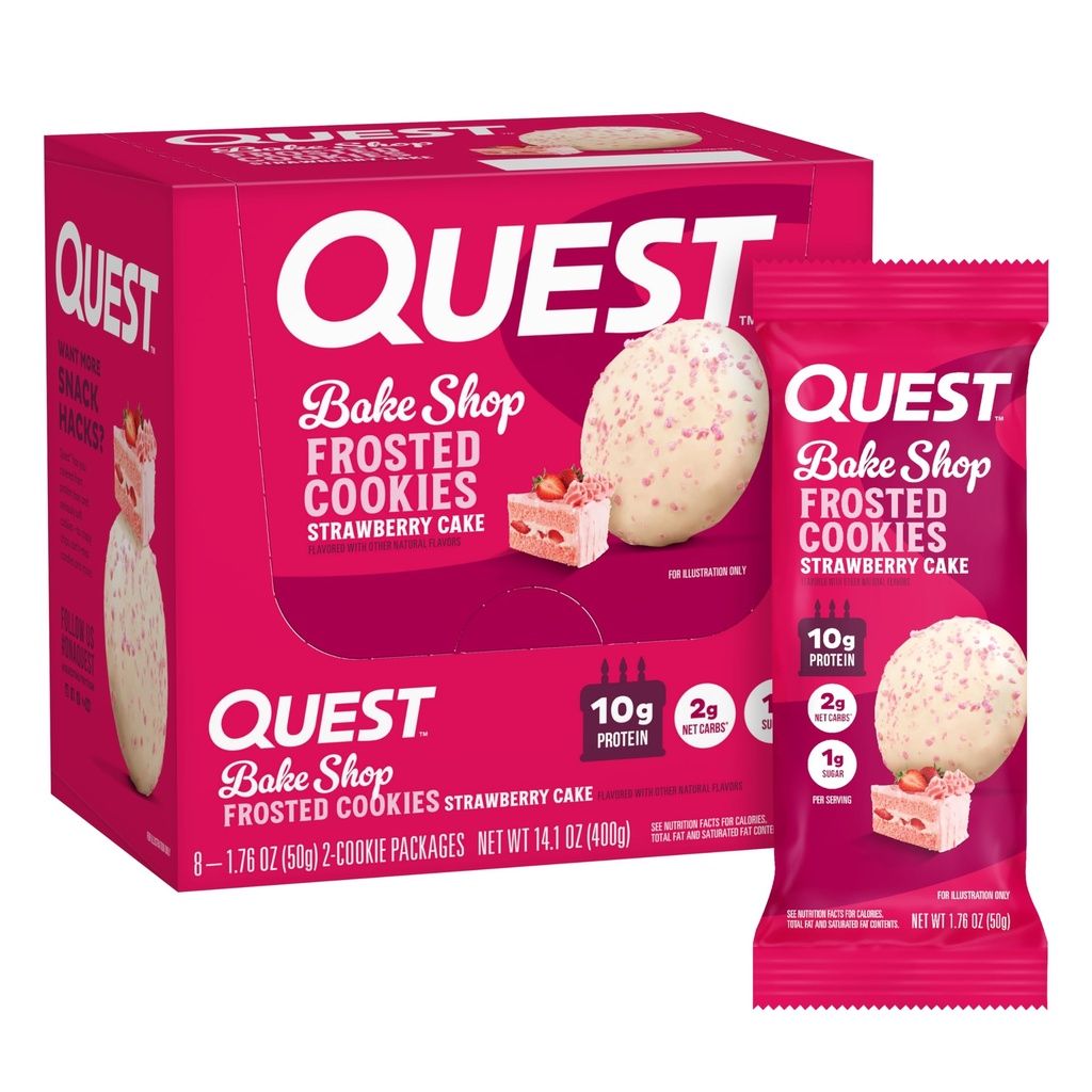 Quest Nutrition Frosted Cookies Twin Pack, Jordbærkage, 1g Sukker, 10g Protein, 2g Net Carbs, Gluten Free, 16 Cookies