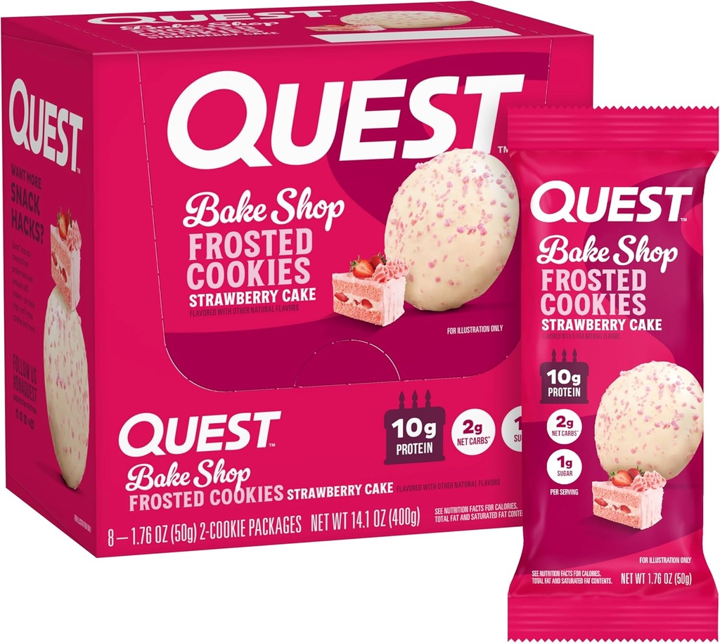Quest Nutrition Frosted Cookies Twin Pack, Jordbærkage, 1g Sukker, 10g Protein, 2g Net Carbs, Gluten Free, 16 Cookies