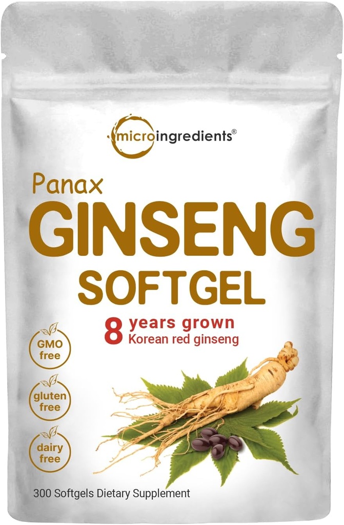 Micro Ingredients Red Panax Ginseng Supplement 6.000mg Per Servering, 300 Softgels against 124; Høj potens Koreansk Ginseng Root Extract med aktive Ginsenosider
