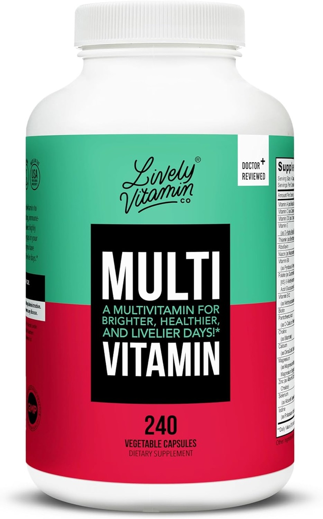 LIVELY VITAMIN CO. Multivitamin - 37 Vitamin Minerals and Extracts - Energy - Memory - Immunfunktion - Heart- Brain - Focus - Mood - Antioxidanter - Dairy Gluten Soy Free - 240 Vegetariske kapsler