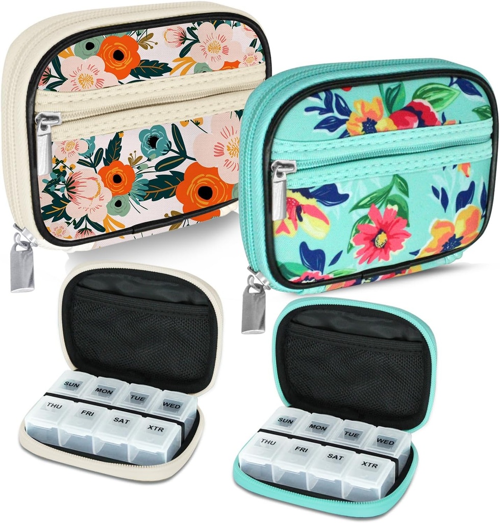 Serfeymi Ugentlig rejse Pill Organizer Pill sag for Purse med Aftagelig 7 Day Pill Box, Fashionable Travel Medicine Organizer Pill Container til medicin, Vitamin, tillæg - Bloom 01 + Green 01