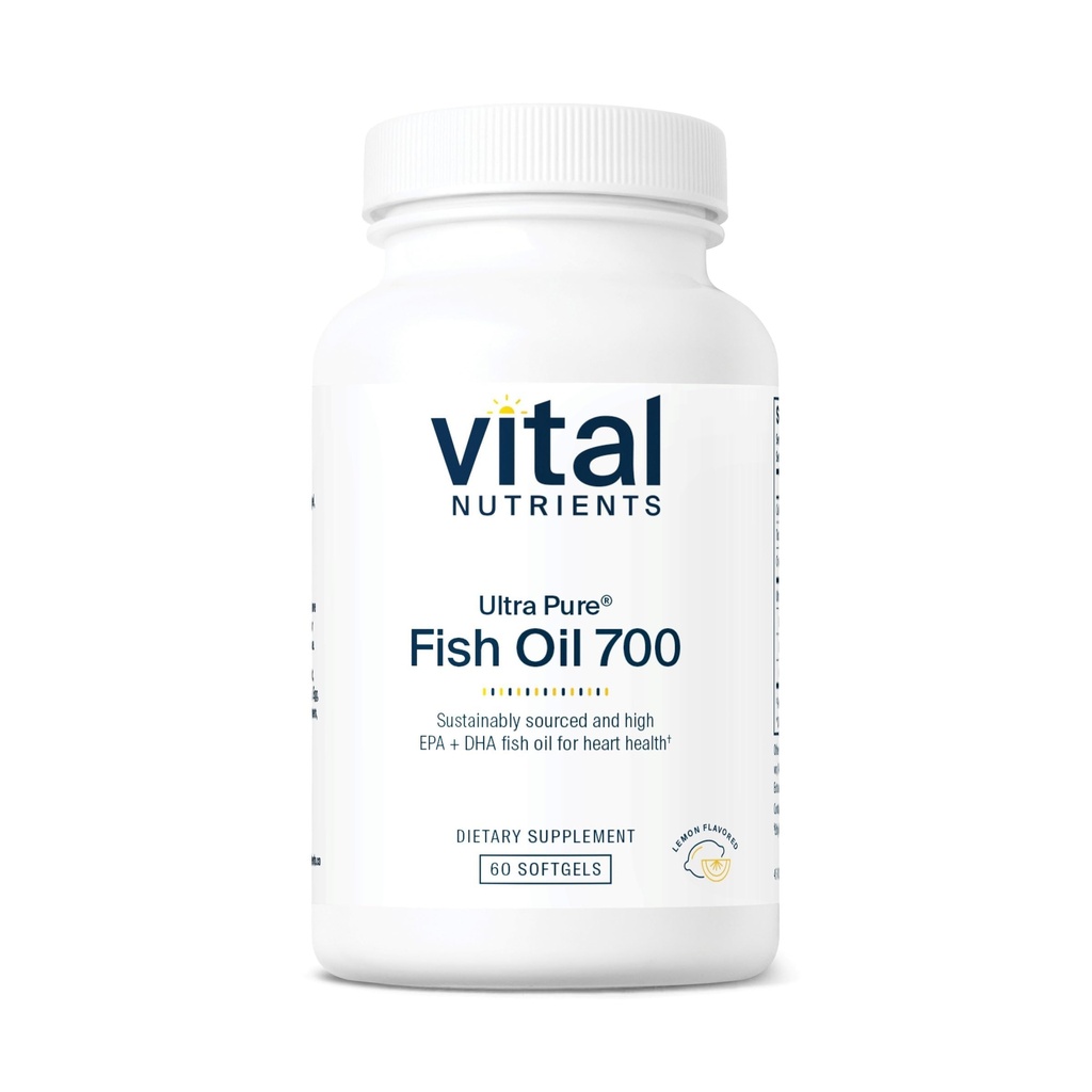 Vital Nutrients Ultra Pure ® Fish Oil 700 Buddy; Understøtter hjerte, hjerne og fælles sundhed * Buddy 124; Sustainable Sourced High EPA & DHA Omega-3 Fedtsyre124; Lemon Flavor 124; Gluten, Dairy & Soy Free Buddy 124; 60 Softgels