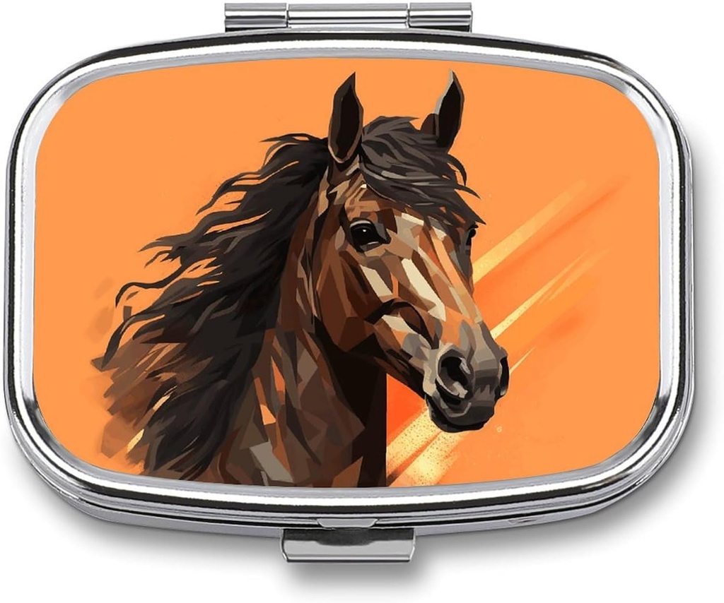 Pill Box 2 Segment Medicine Pill Case Orange Baggrund med Horse Head Printed Bærbar Pill Box Travel Pill Organizer for Pocket Purse Daily Medicine Vitamin Box Fish Oil Box Supplement Box