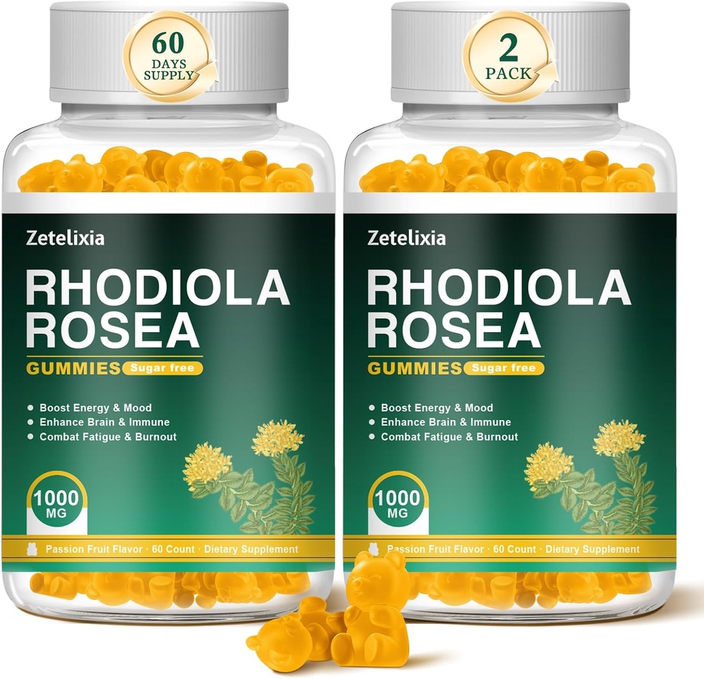 2 Pack Sugar- Free Rhodiola Rosea Gummies 1000mg, Rhodiola Rosea Supplement for kvinder & mænd, Support Endurance, Mood & Energy, Non- GMO, Vegan, 120 Greve
