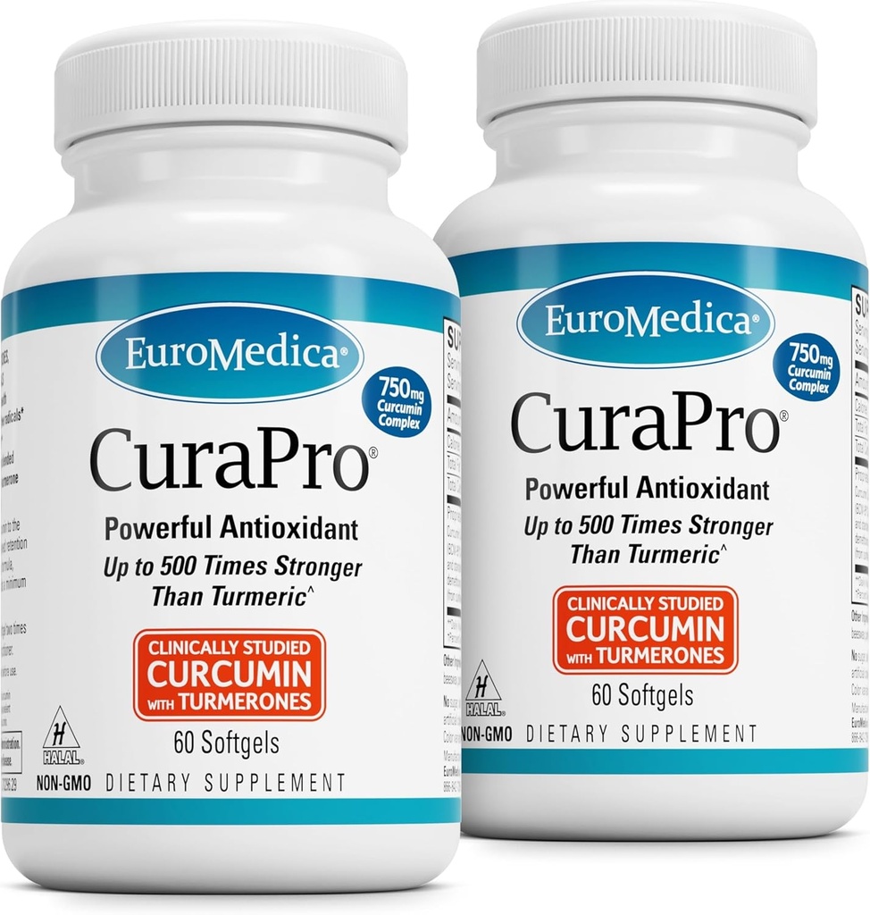 EuroMedica CuraPro - Antioxidant supplement til hjerne og immunforsvar - Kosttilskud med Curcumin & gurkemeje Essential Oil - Herbal Leverstøtte - 60 Softgels, 2 Pack (120 Softgels)