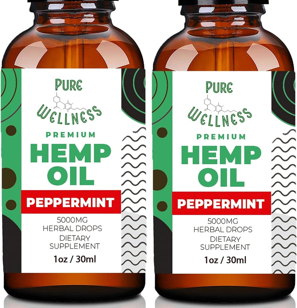 Pure Wellness Hamp Seed Oil Drops Pebermynte Flavor til forbedret kognitiv funktion, Omega 3 6 9 Fedtsyrer, Økologisk, Non- GMO, Vegan (5,000mg 2- Pack)