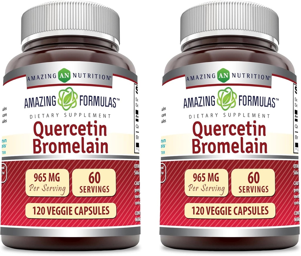 Amazing Formulas Quercetin 800 mg med bromelain 165mg, 120 Veggie kapsler Supplement (pakke af 2) - Non- GMO - Gluten Free - Understøtter den samlede sundhed og velvære