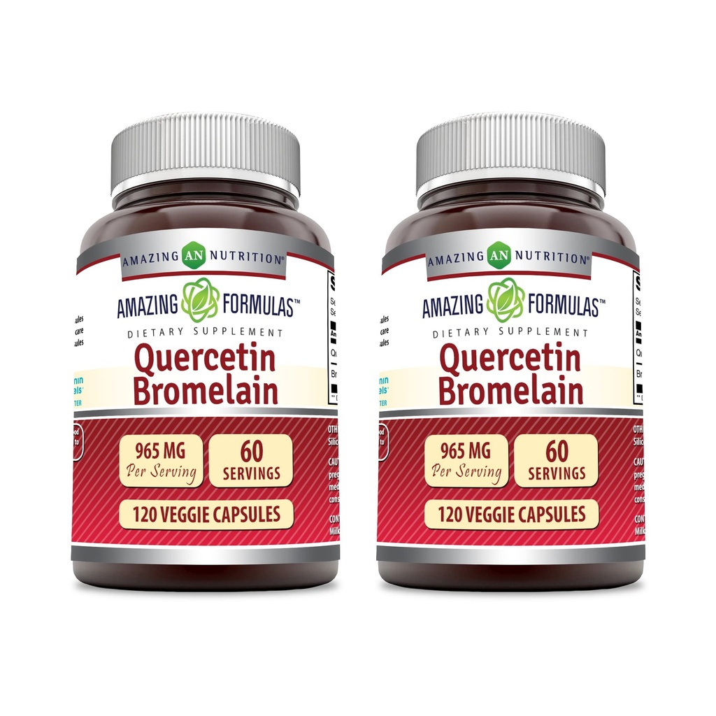 Amazing Formulas Quercetin 800 mg med bromelain 165mg, 120 Veggie kapsler Supplement (pakke af 2) - Non- GMO - Gluten Free - Understøtter den samlede sundhed og velvære