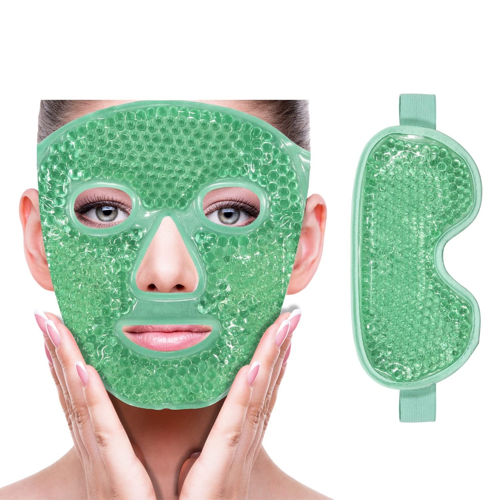 ZNÖCUETÖD Cooling Ice face eye Mask for Reducing Puffiness, Tasker under øjne, Sinus, Rødme, Smerte Relief, Mørke cirkler, Migræne, Hot / Cold Pack med Soft Plush Backing (Grøn (1 * Eye Mask + 1 * Ansigt Maske))