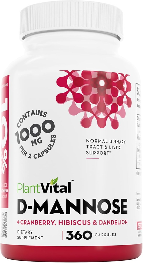 Plantvital D Mannose Kapsler med Cranberry - D- mannose 1000mg Kapsler - Høj potens for Brege, Nyre og Urinary Tract Support. Tranebær pulver med Hibiscus og Mælkebøtte. 6 Måneders forsyning