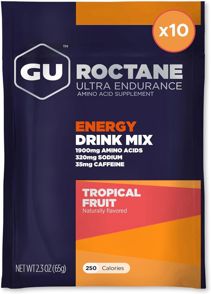 GU Energy Roctane Ultra Endurance Energy Drink Mix, Vegan, Gluten- Free, Kosher, 35mg af koffein, og Dairy- Free n- the- Go Energy for any workout, 10 Single-Serving Packets, Tropical Fruit