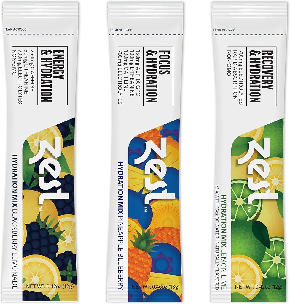 Zest Hydration Electrolyte Powder - Variety Pack - Mix w / Water - 6 Rejsepakker - Lavt sukker supplement - Inddrivelse, Energi, & Focus Drink - IV søjler af flydende rehydrering inkl salt & kalium