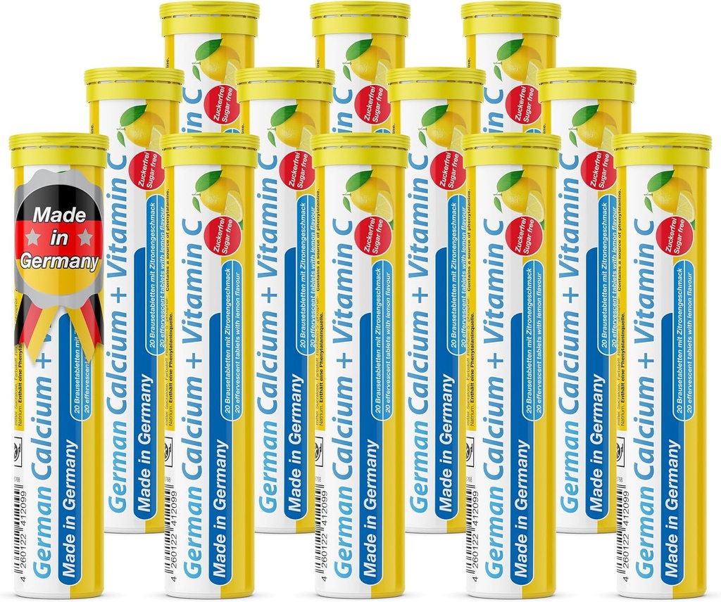 Tysk Calcium + VIT. C - 240 Vegansk drik Effervescent tabletter - Lemon Lime Flavor - Made in Germany