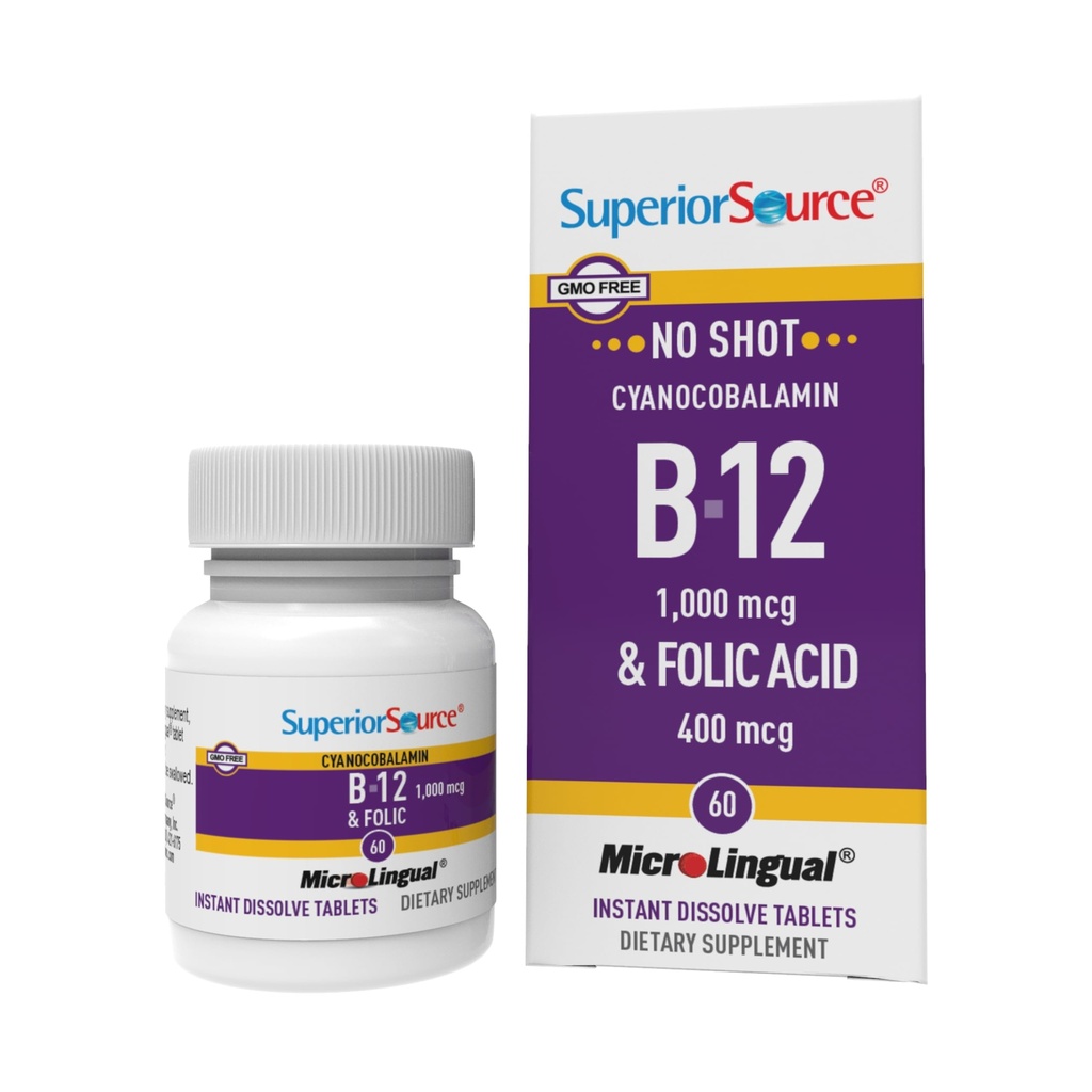 Superior Source No Shot Vitamin B- 12 Cyanocobalamin 1000 mcg & folsyre 400 mcg - Tilbyder energi, hjerte, hjerne, & Stress support - 60 Sublingual Opløsning tabletter