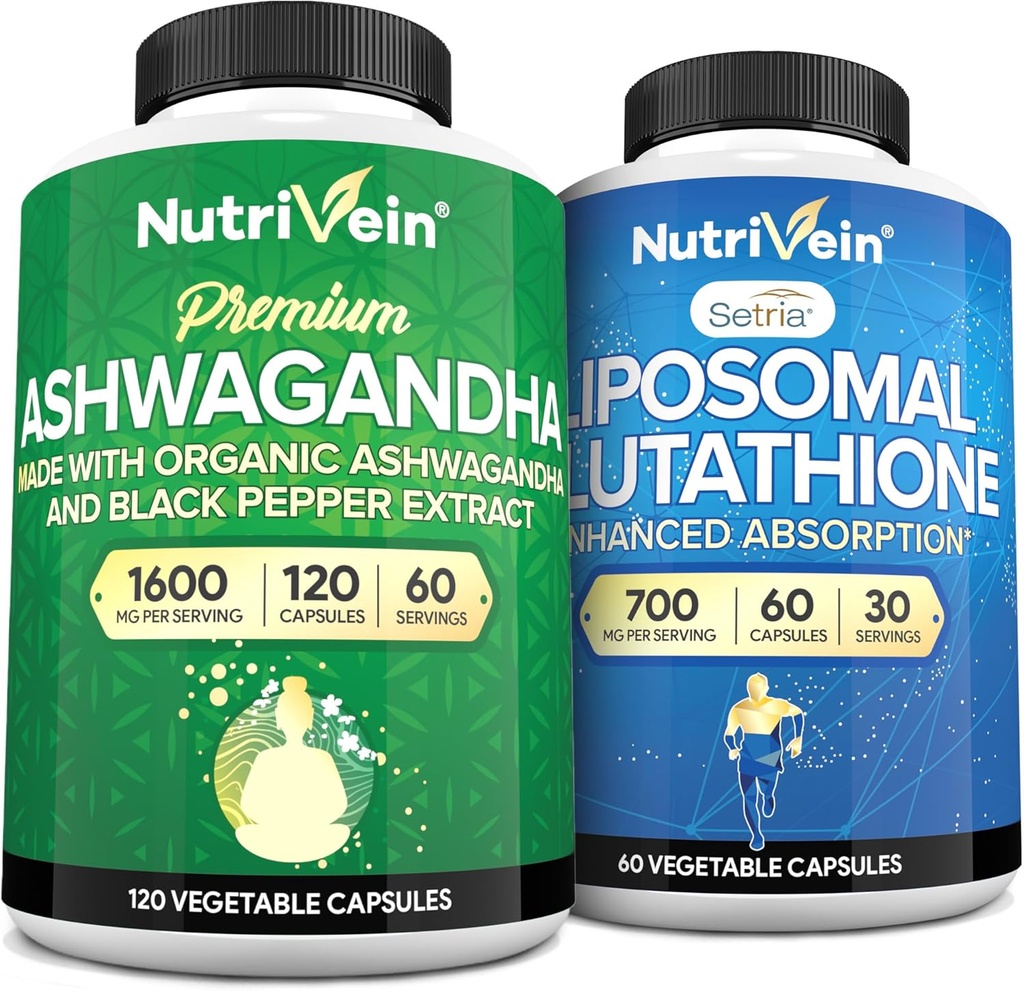 Nutrivein Premium Ashwagandha & Liposomal Glutathion Supplement Bundle: High- Absorption Glutathione Liposomal Supplement & Ashwagandha Kosttilskud til Immunitet, Balance, Vitality, & Detox