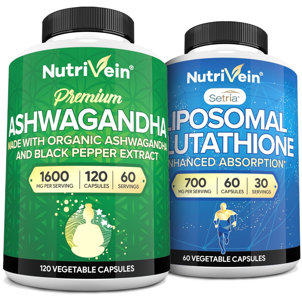 Nutrivein Premium Ashwagandha & Liposomal Glutathione Supplement Bundle: High-Absorption Glutathione Liposomal Supplement & Ashwagandha Supplements for Immunity, Balance, Vitality, & Detox