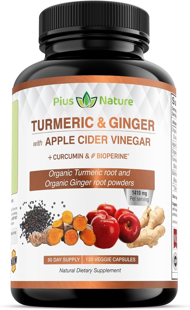 120 Kapsler af USDA Organic Gurkemeje Root Powder, USDA Organic Ingefær Powder og Æblecider Eddike Pulver med Curcumin (95% Curcuminoider) og Bioperine, 1410 mg per servering i Veggie Kapsler