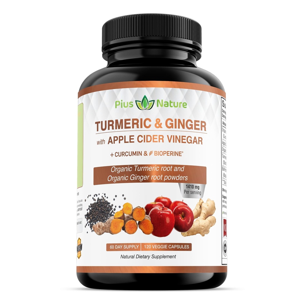 120 Kapsler af USDA Organic Gurkemeje Root Powder, USDA Organic Ingefær Powder og Æblecider Eddike Pulver med Curcumin (95% Curcuminoider) og Bioperine, 1410 mg per servering i Veggie Kapsler