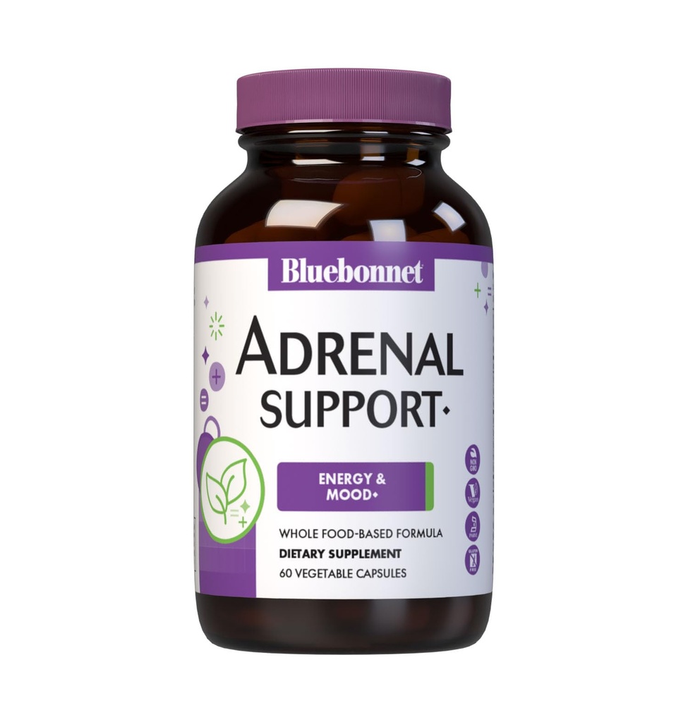Bluebonnet Nutrition Adrenal Support, Energy & Mood *, Non- GMO, Vegan, Kosher Certified, Gluten- Free, Soy- Free, Dairy- Free, 60 Vegetabilske kapsler, 30 Servere