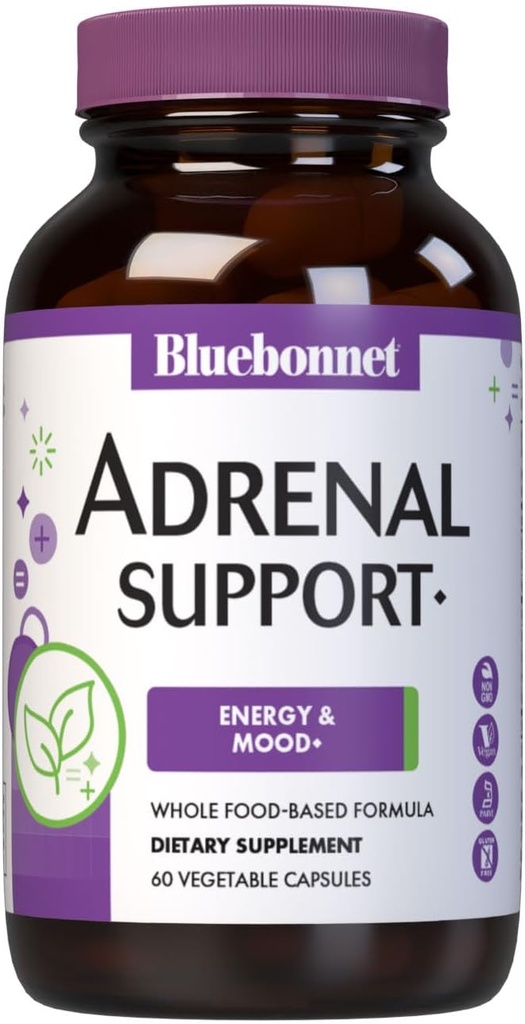 Bluebonnet Nutrition Adrenal Support, Energy & Mood *, Non- GMO, Vegan, Kosher Certified, Gluten- Free, Soy- Free, Dairy- Free, 60 Vegetabilske kapsler, 30 Servere