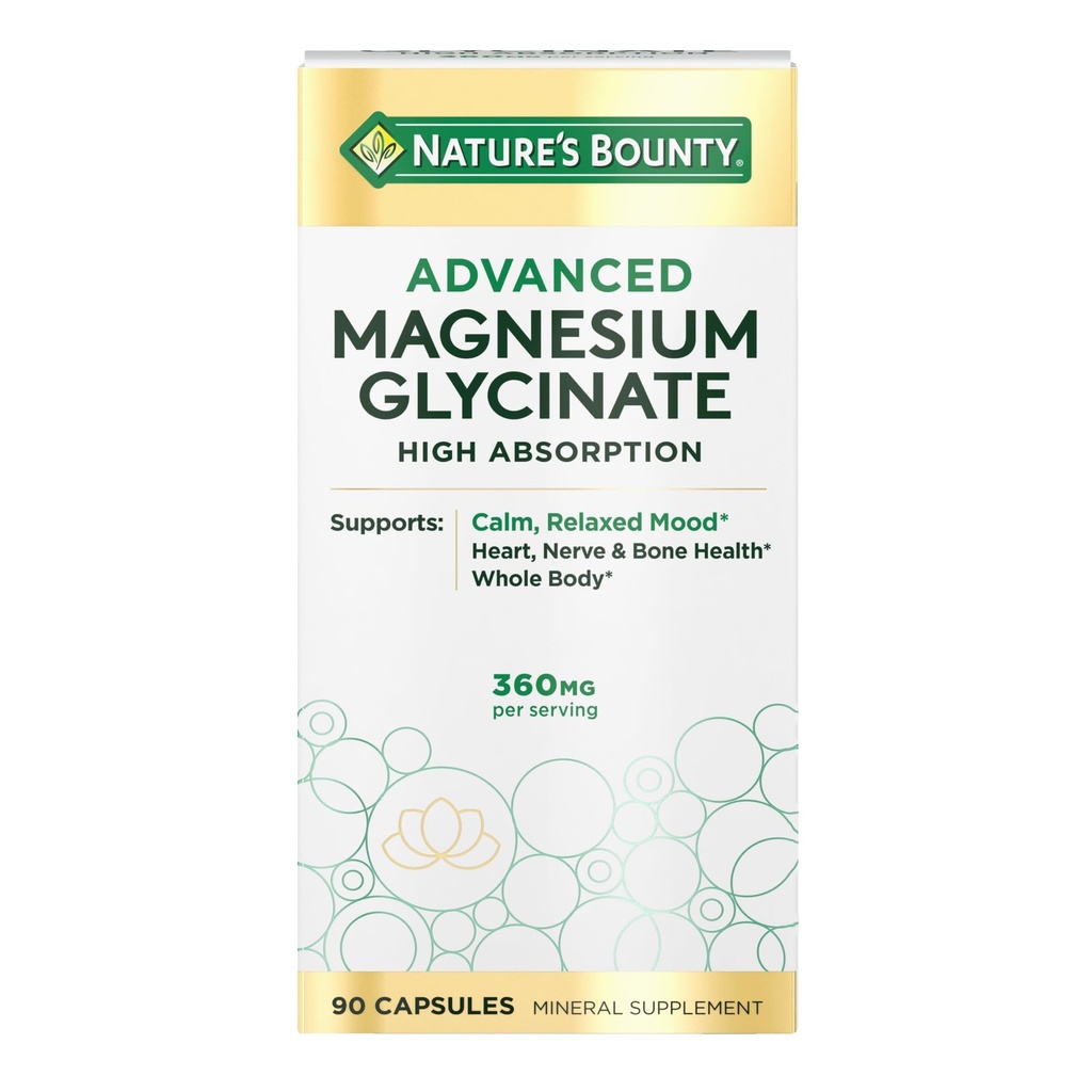 Nature 's Bounty Calm Magnesium Glycinate Supplement - Høj Absorption Magnesium til afslappet mood, Heart & Bone Sundhed, 90 Kapsler