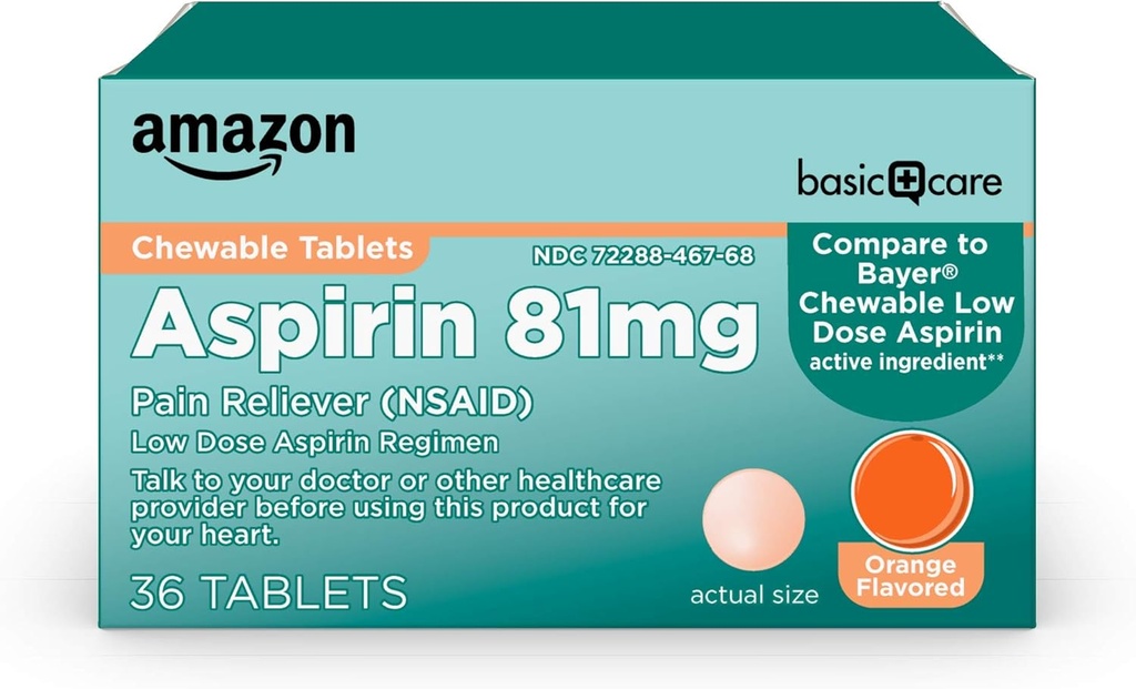 Basic Care Lavdosis Chewable Aspirin 81 mg tabletter, smertestillende, Orange Flavor, 36 Tælling