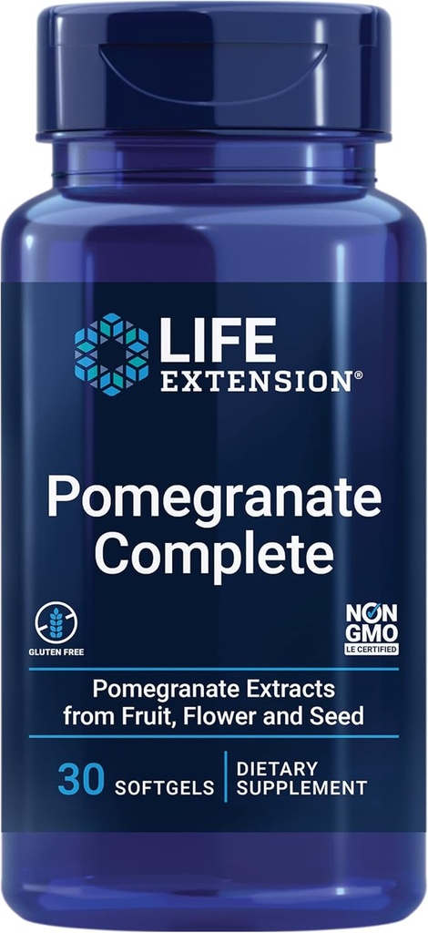 Life Extension Pomegranate Complete, Fruit Extract, Flower, Seed Oil Extract, Cardiovaskulær Sundhed, antioxidant Support, superfood supplement, Gluten Free, Non- GMO, 30 bløddele