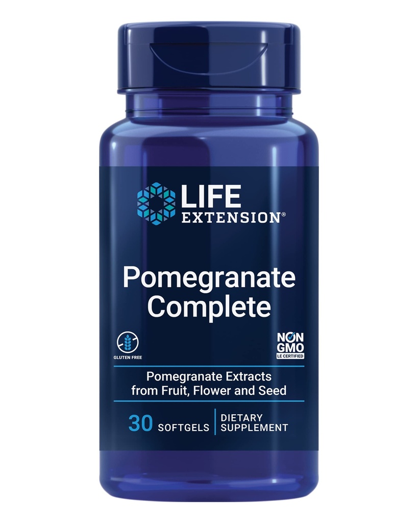 Life Extension Pomegranate Complete, Fruit Extract, Flower, Seed Oil Extract, Cardiovaskulær Sundhed, antioxidant Support, superfood supplement, Gluten Free, Non- GMO, 30 bløddele