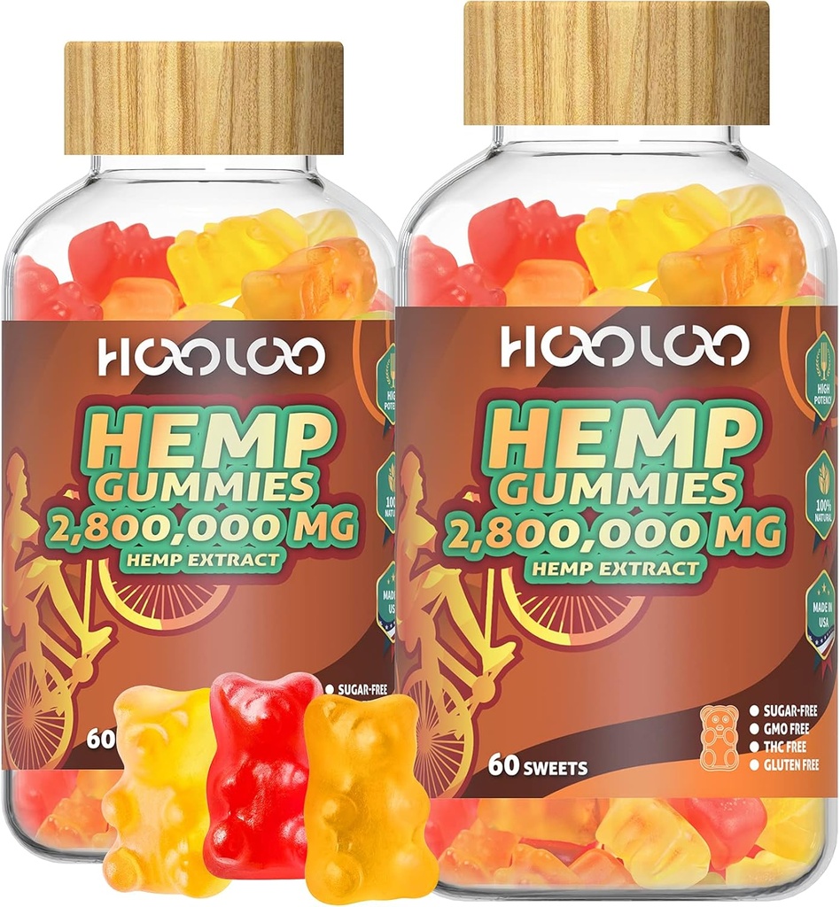 HOOLOO Hemp Gummies for Happier Bedtimes & Focus, Extra Strength 2.800.000 mg Hemp Oil Infured Gummy Bears Fruity, Sugar Free, 120ct Edibles, Made in USA