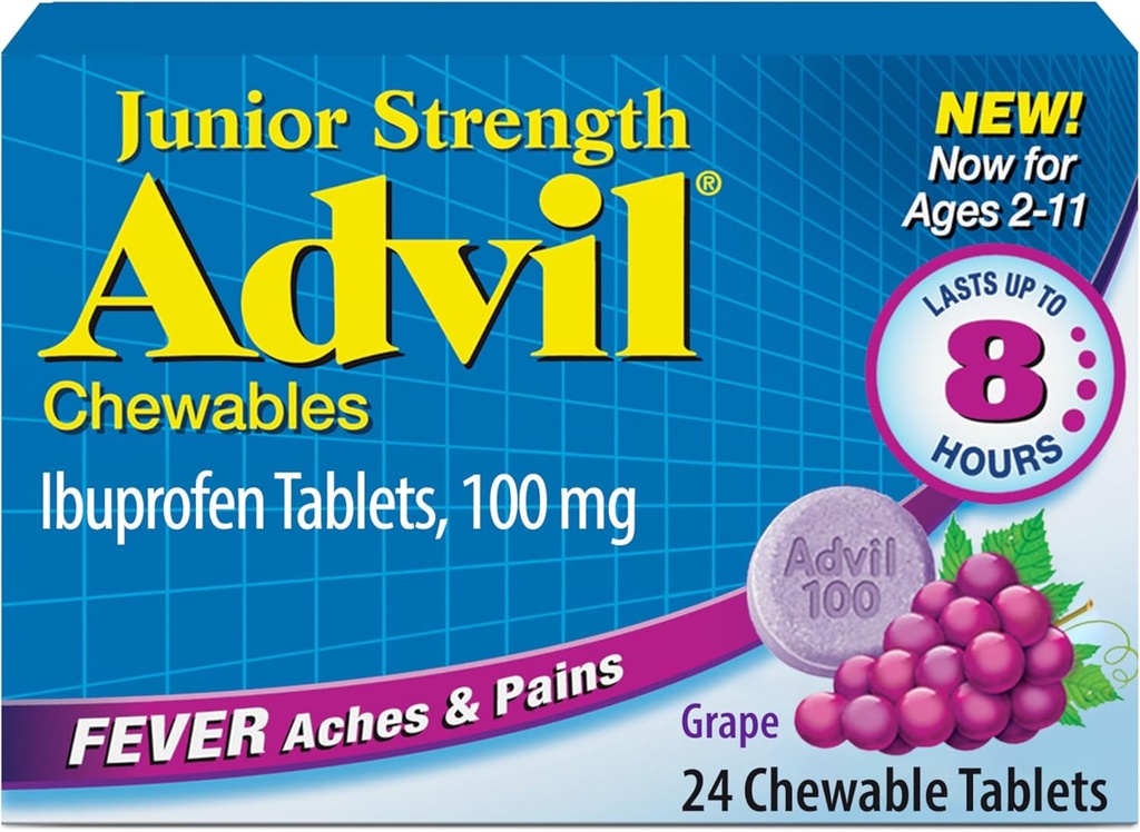 Advil Junior Strength Chewable Ibuprofen Pain Reliever og Feber Reducer, Børns Ibuprofen for Pain Relief, Grape - 24 tabletter