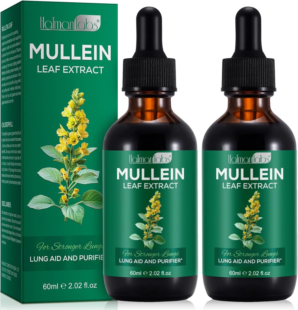 2 Pack Mullein Drops til Lunger, Natural Mullein Herbal Kosttilskud, Mullein Leaf Extract for Lung Cleanse and Respiratory Support, 2.02 fl oz