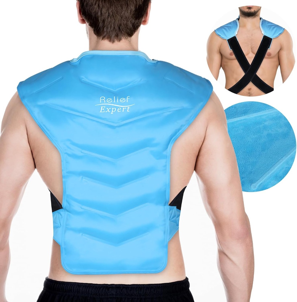 Relief Expert Stor Ryg og Skulder Ice Pack Wrap - Genanvendelig Gel Cold Pack med Dual- Sidet stof og justerbare Straps, Soft Plush Lining til Upper Back Cold Therapy og efter-træning Inddrivelse