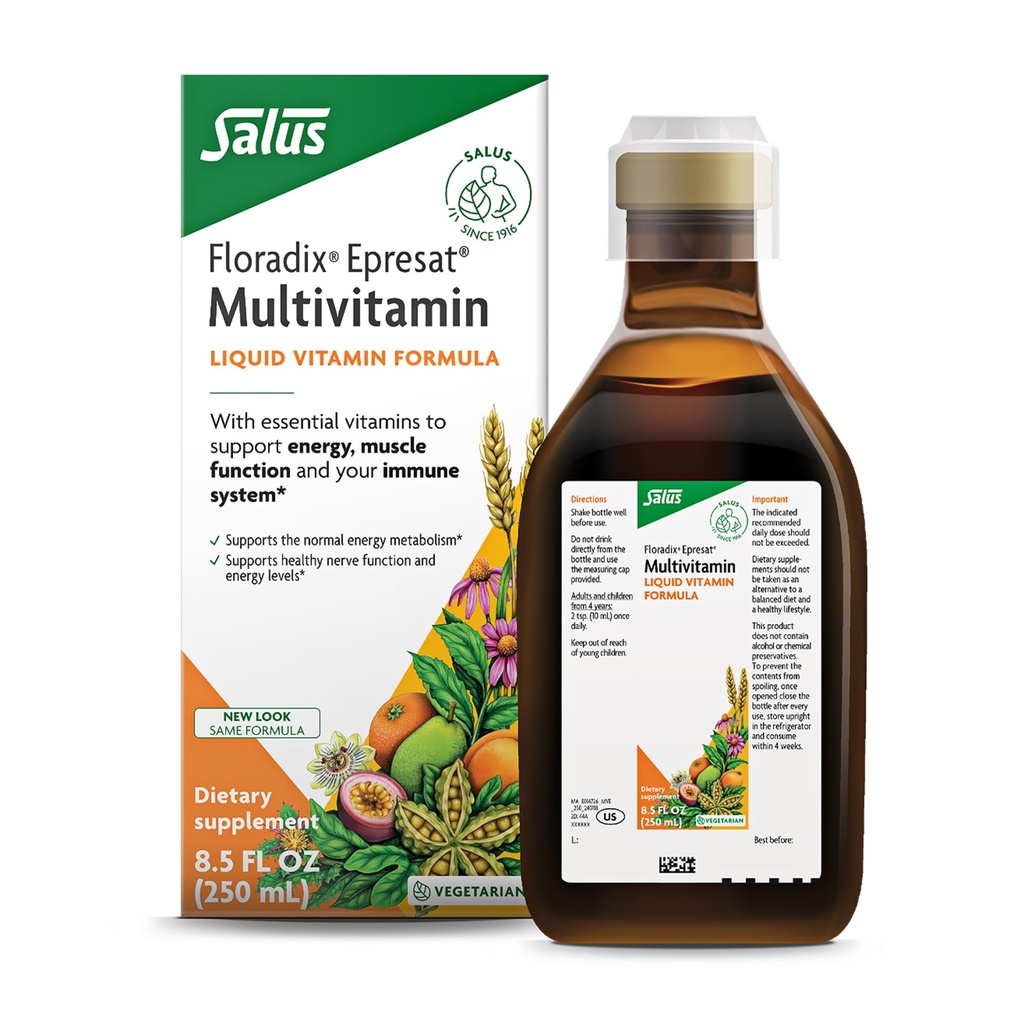 Floradix Epressat Voksen Væske Multivitamin - Urtetilskud - Dagligt tillæg med vitamin A, D, B6, Mælk tidsel & mere - Understøtter energi & leversundhed - Vegetarisk, ikke-GMO - 8.5 fl oz