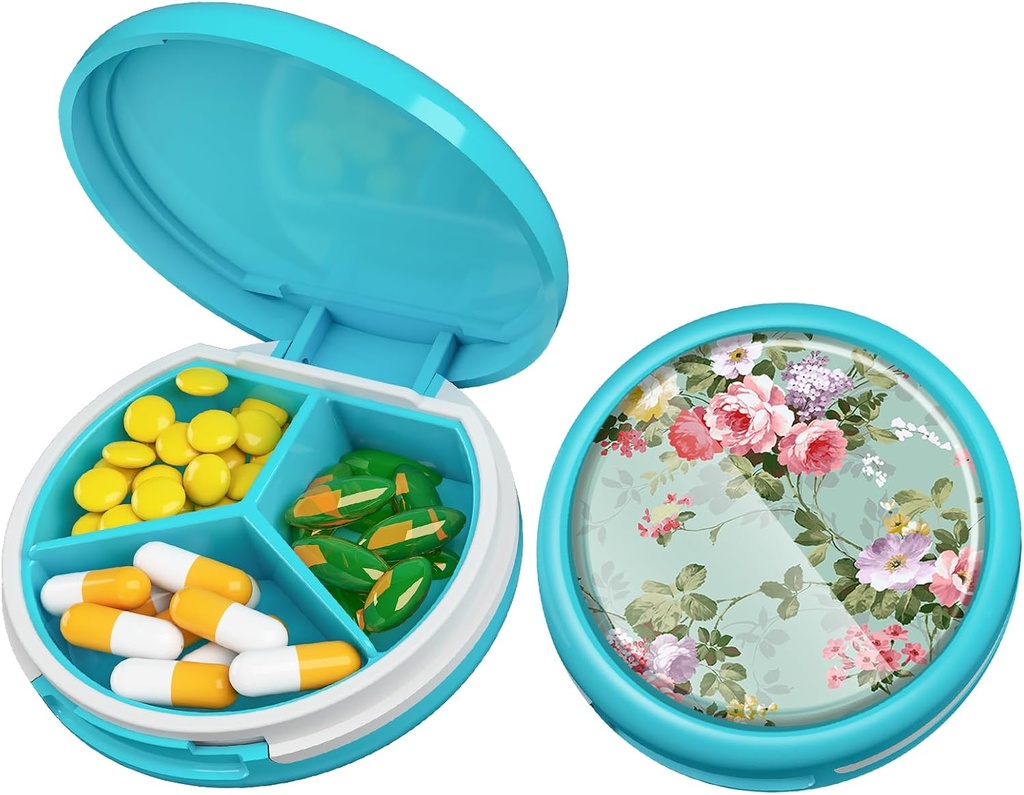 Serfeymi Small Pill Box - 3 afdelinger Portable Pill Box til purse Pocket, Compact Mini Travel Pill Case - Egnet til medicin, Vitamin, Fish Oil, Kosttilskud - Light Blue (Have Bloom)