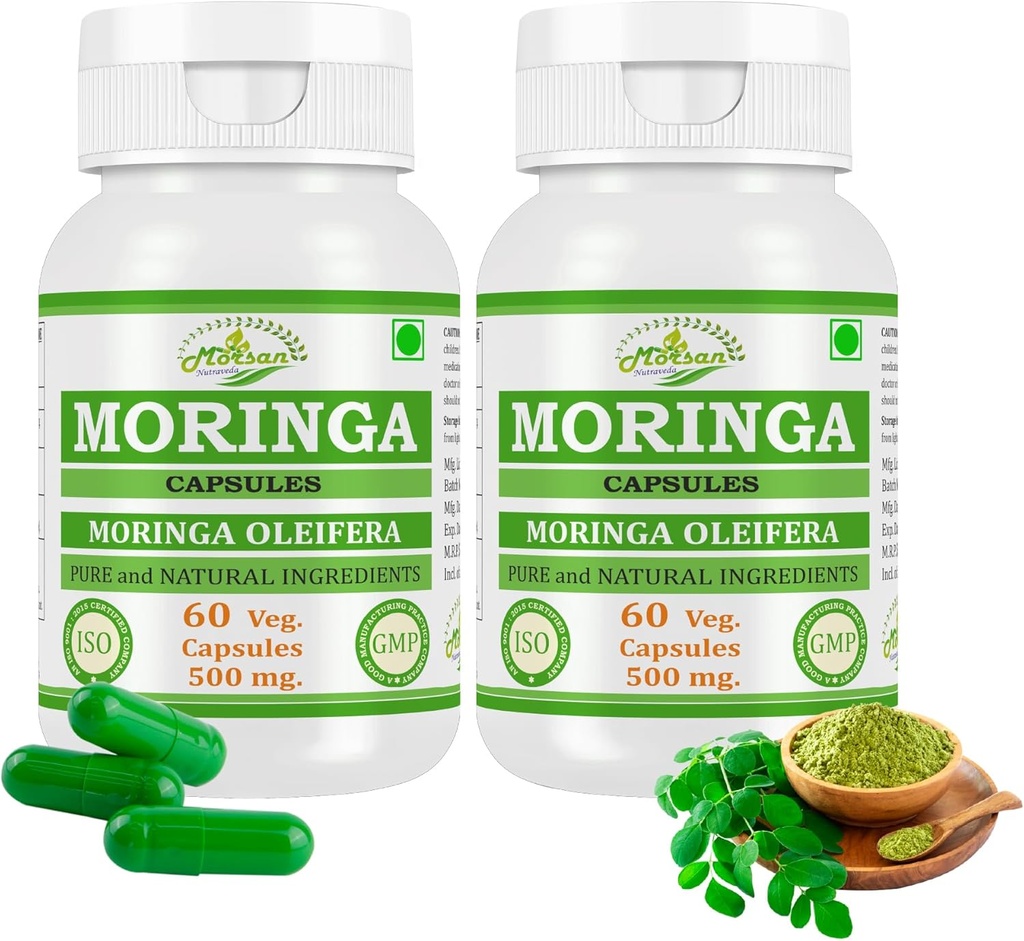 Natural and Pure Herbal Moringa OLEIFERA (Moringa, Sahijan) Uddrag Kapsler 124; Højeste Potency, 100% Herbal Produkt Budd124; Pack af 60 X 500 mg. Veg. Kapsler (Pack af 2 Jar)