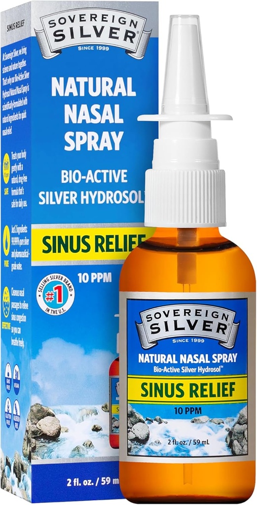 Sovereign Sølv Natural Nasal Spray - Kolloid Sølv Nasal Spray, Bio Aktiv Næse Mist for Sinus Congestion og immunforsvar, voksne og børn, 10 ppm - 2 fl oz (59ml)