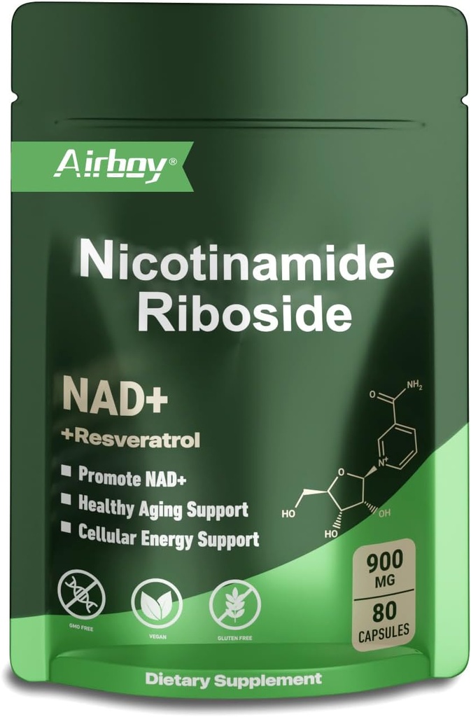 Airboy NAD tillæg med Nicotinamid Riboside Resveratrol & Quercetin 900 mg, NMNH Alternativ til mænd og kvinder Support Anti- Aging, Energy, Focus - 80 kapsler