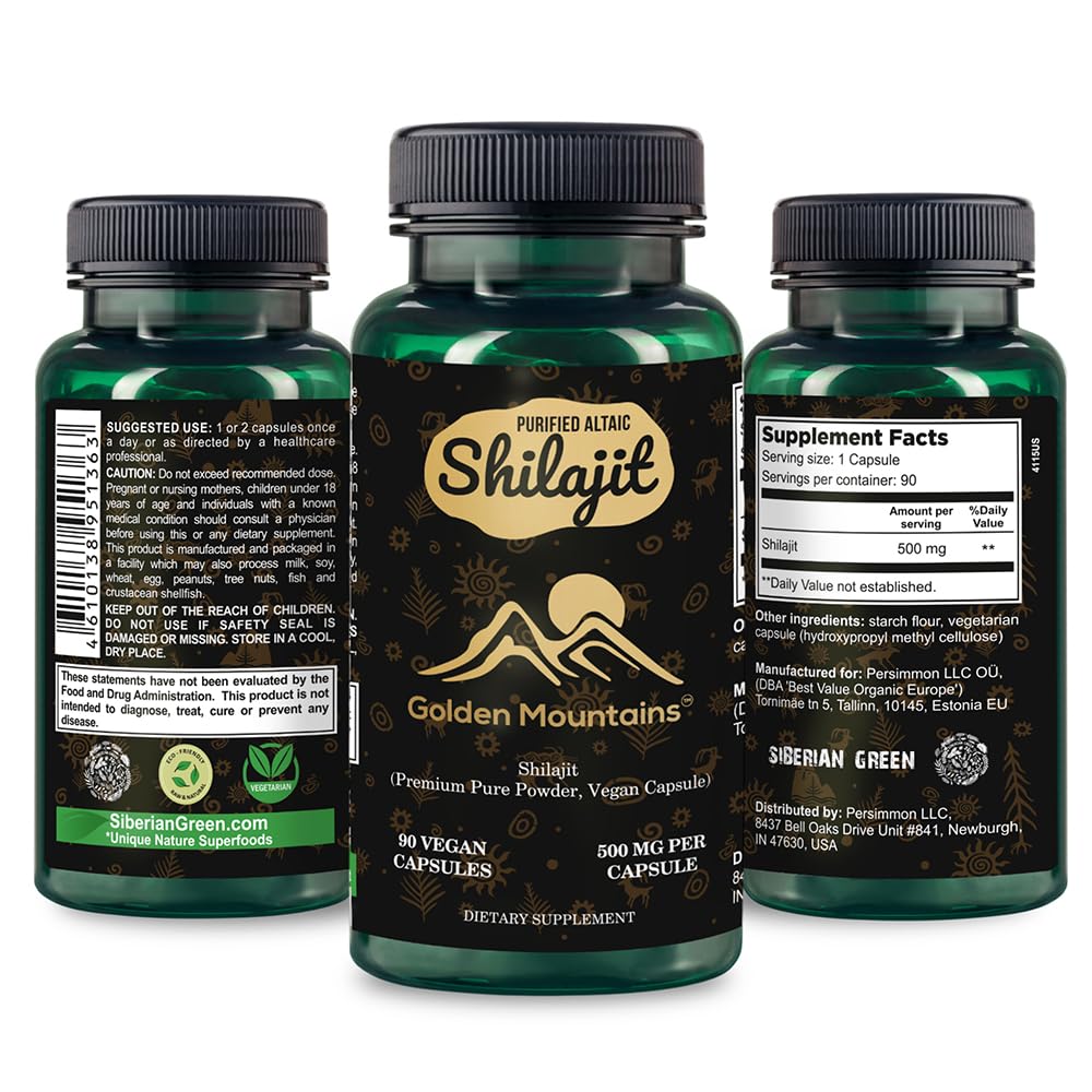 Golden Mountains Shilajit Vegan Capsule 500mg Pure Altai 90 Grev Premium Trace Minerals