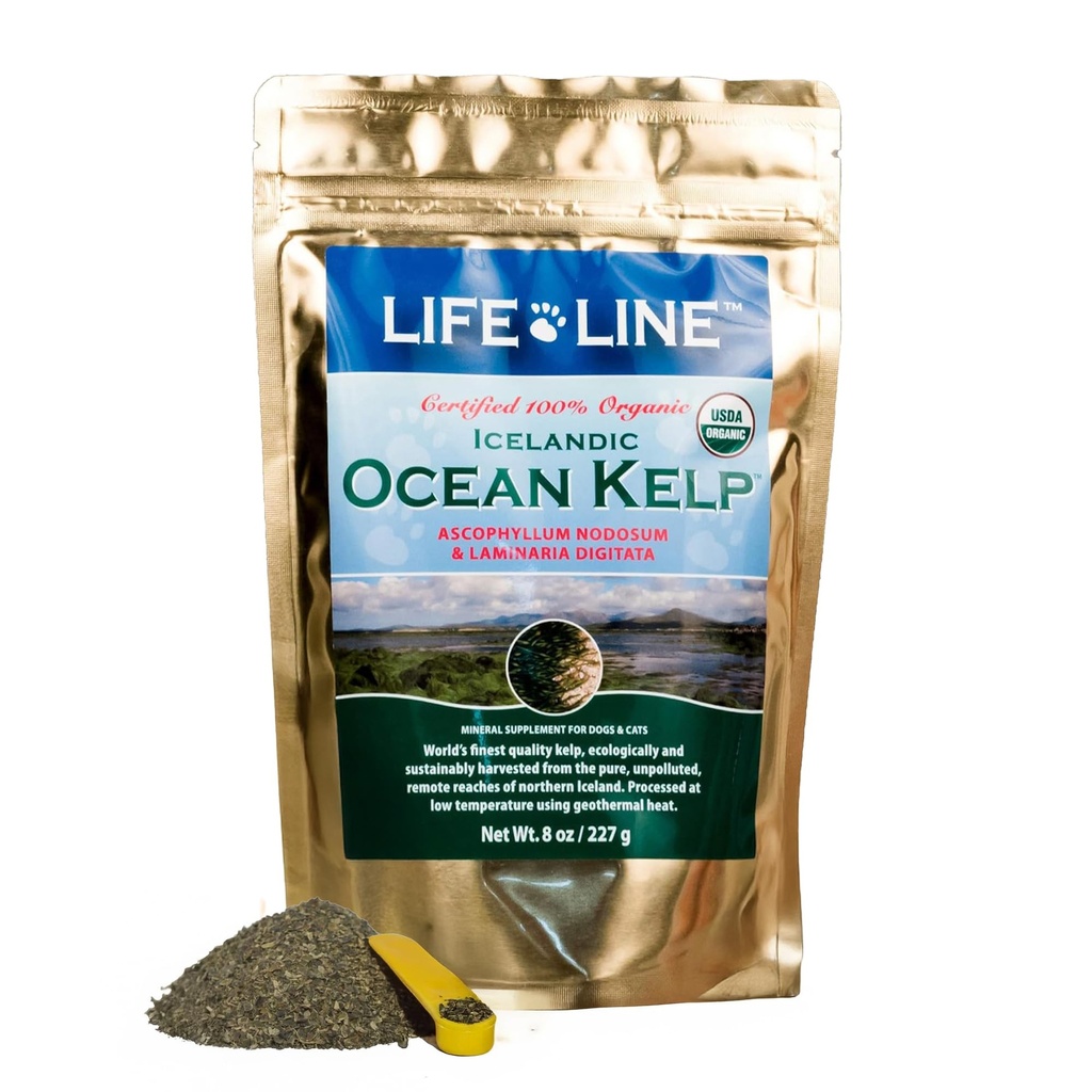 Life Line Organic Ocean Kelp pulver til katte, hunde, husdyr, og heste - Naturlig jod supplement til sund hud, Coat og tænder - Reducerer Plaque & Øger Metabolisme - 8 oz