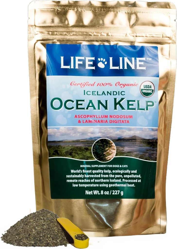 Life Line Organic Ocean Kelp pulver til katte, hunde, husdyr, og heste - Naturlig jod supplement til sund hud, Coat og tænder - Reducerer Plaque & Øger Metabolisme - 8 oz