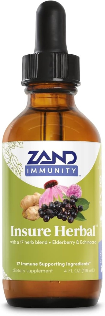 ZAND HERBALS Insure Herbal Liquid Blend - 17 Wellness Ingredienser - w / Echinacea, Elderberry, Ingefær, Salvie, Pebermynte og mere - Gluten Free, Vegan, Non- GMO, 60- Day Garanti, 147 Servering, 4 FL OZ
