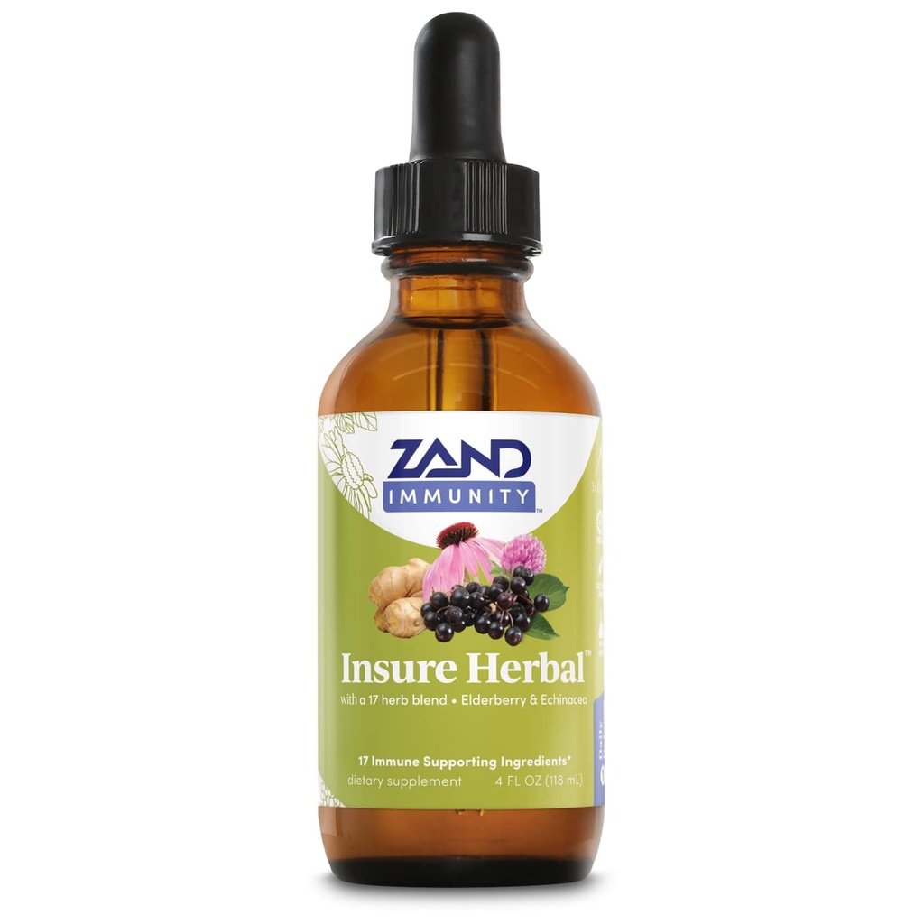 ZAND HERBALS Insure Herbal Liquid Blend - 17 Wellness Ingredienser - w / Echinacea, Elderberry, Ingefær, Salvie, Pebermynte og mere - Gluten Free, Vegan, Non- GMO, 60- Day Garanti, 147 Servering, 4 FL OZ