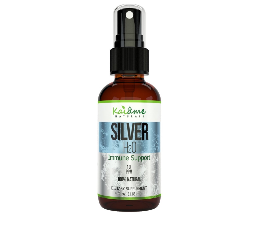 Kaiame Naturals Kolloid Sølv, Ionic Silver Solution, 10 PPM, Stor 4 oz Spray i glasflaske, Naturlig immunforsvar Support, Sikker for voksne, børn, og kæledyr