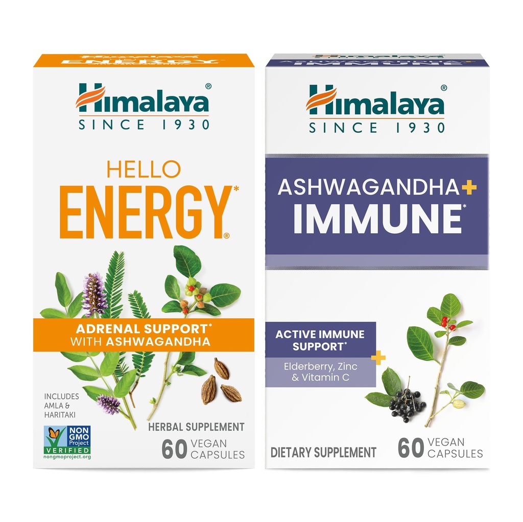 Himalaya Hello Energy med Ashwagandha til Adrenal Support & Daily Energy og & Ashwagandha + Immun med C-vitamin til aktiv immunstøtte, 60 kapsler hver - Bundle