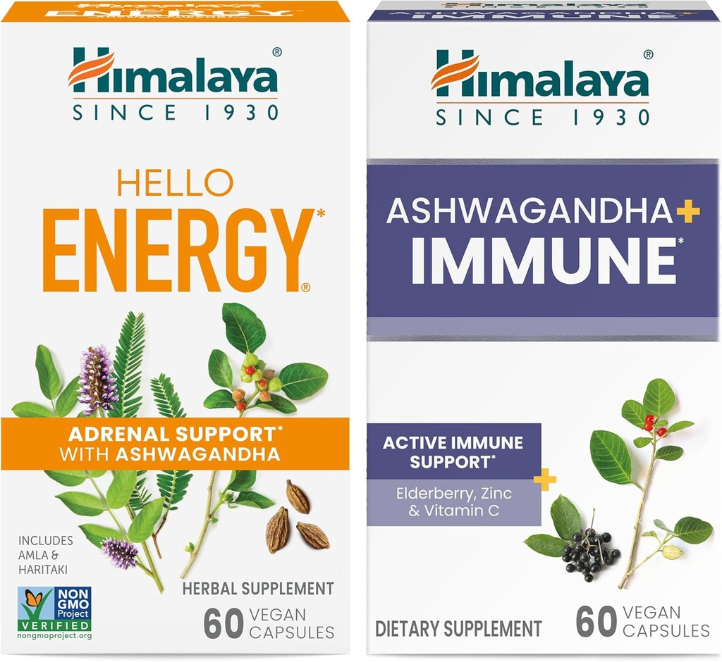 Himalaya Hello Energy med Ashwagandha til Adrenal Support & Daily Energy og & Ashwagandha + Immun med C-vitamin til aktiv immunstøtte, 60 kapsler hver - Bundle